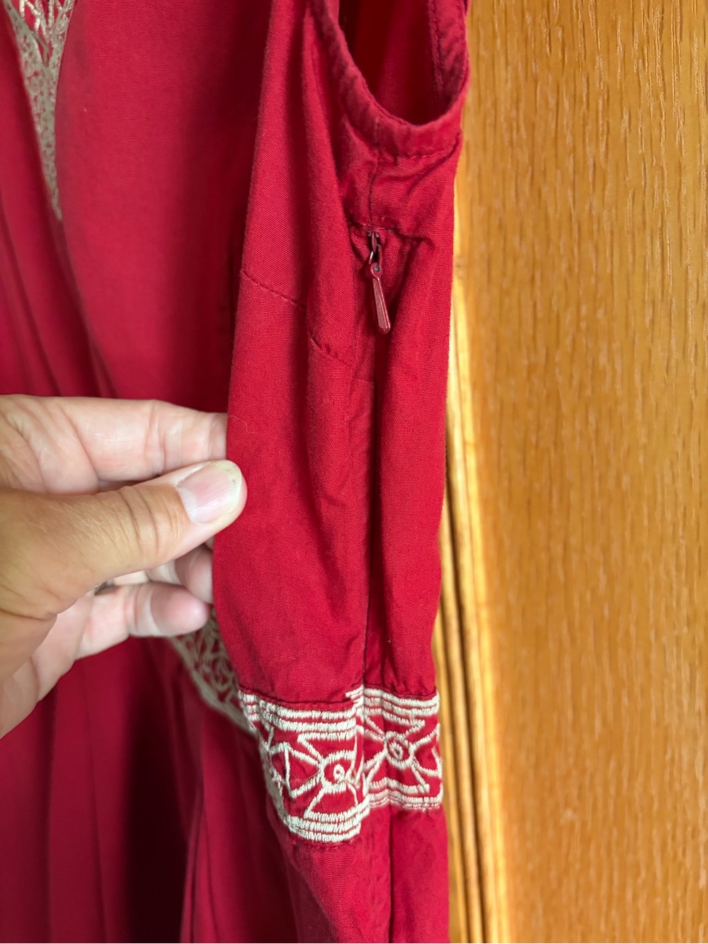 eShakti CUSTOM Red Embroidered Waist Fit-and-Flare Dress - Picture 6 of 11